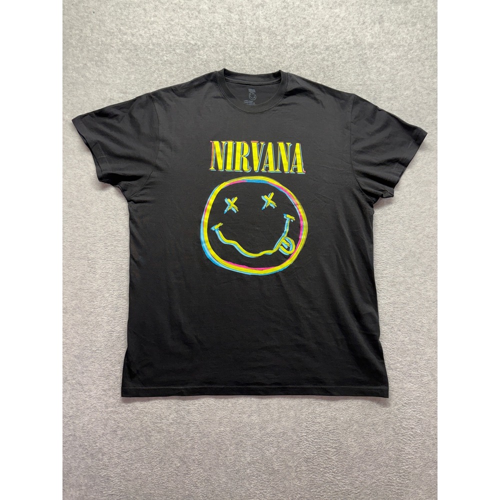 Nirvana Smiley Face Graphic T-Shirt Mens Large Black Neon Logo 100% Cotton Tee
